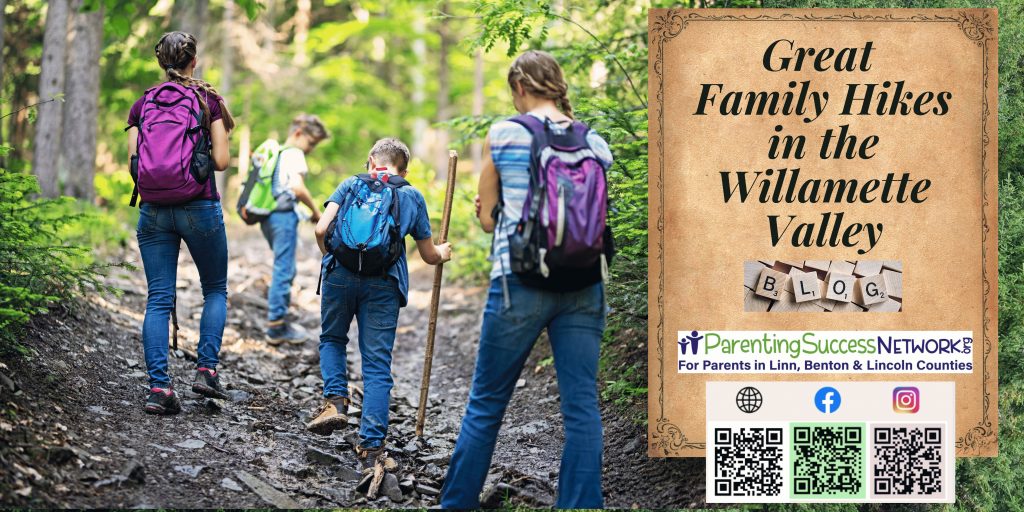 family wearing backpacks hiking in the forest