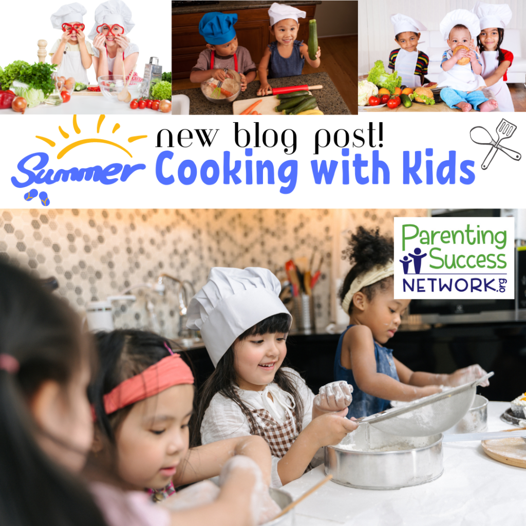 Children in chef hats backing and cooking with fresh vegetables